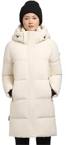 khujo Damen Mantel lange warme Steppjacke mit abnehmbarer Kapuze und magnetischer Abdeckleiste Haya Matt-YM Cotton White Gr. XS