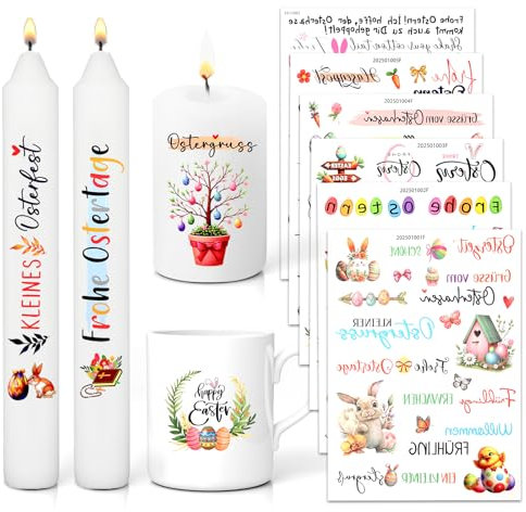 6 PCS Kerzentattoo Ostern,Wassertransferdruck,Wasserschiebefolie kerzen,Ostern Sticker,DIY Kerzensticker zum Verschenken für Kerzen,Keramik Kerzenaufkleber für Kerzen Dekorieren,Gedenklicht