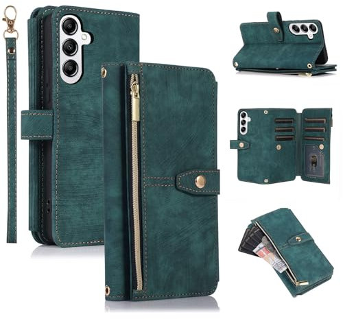 UEEBAI Hülle für Samsung Galaxy S24/S25 5G, 9 Kartenfäche Leder Geldbörse Stoßfest Flip Case mit Handschlaufe Standfunktion Reißverschluss Handyhülle Magnetverschluss Wallet Case, Retro Grün