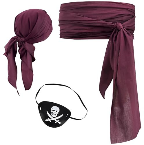 DigiTizerArt Halloween Pirate Costume Women Men 3 Pcs Pirate Head Scarf Bandana Belt Waist Sash Eye Patch Medieval Renaissance Viking Accessories (Dark red)