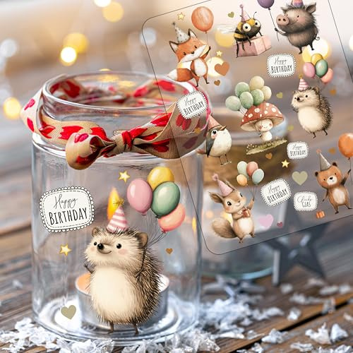 ilka parey Sticker Geburtstagssticker Kindergeburtstag Tiere Fuchs Eichhörnchen Waldtiere Happy Birthday - Rubons - Rub on DIY für Windlicht Teelicht- Erschaffen Sie ihre eigene Welt A5 Bogen rb17