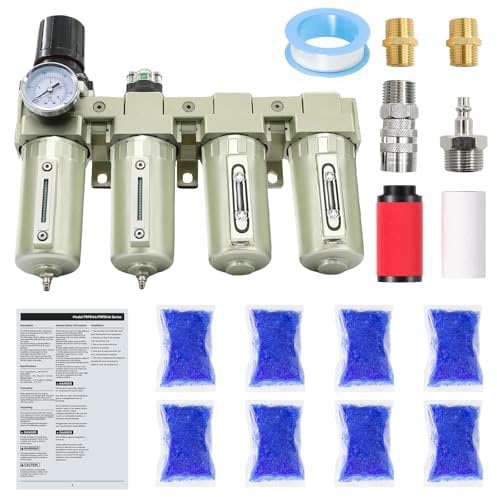 1,27 cm NPT Industriequalität, 4-stufiger Lufttrockner für Kompressor, Luftkompressor-Wasser-Trennsystem für Plasmaschneider und Farbspray, 2 Filter und 2 Trockner-System. Manueller Ablauf