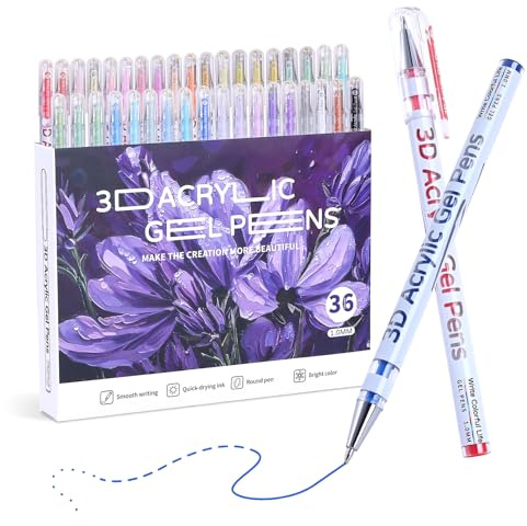 KEMYR Stylo gel acrylique 3D, 36 couleurs avec pointe ogive de 1 mm, stylos de peinture acrylique pour papier noir, peinture sur roche, verre, bois, tissu, cartes, scrapbooking, loisirs créatifs