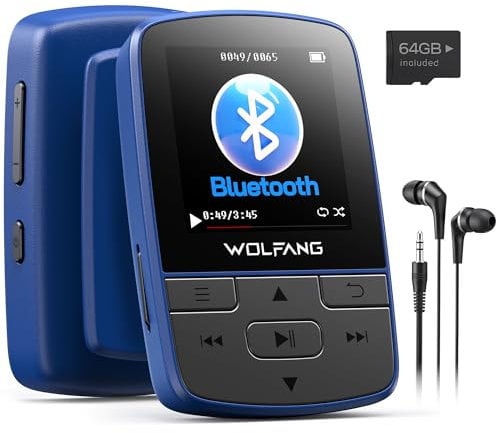 WOLFANG 64 GB MP3-Player mit Bluetooth 5.3, Sportclip, Mini-Größe, Gewicht 28,3 g, HiFi-Lautsprecher, FM-Radio, Diktiergerät, Kopfhörer im Lieferumfang enthalten
