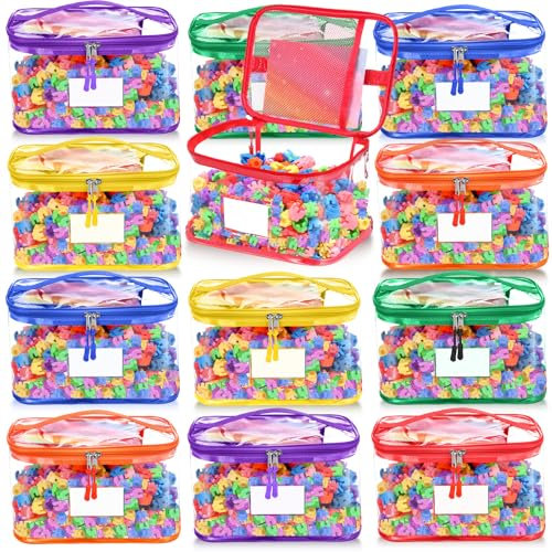 SATINIOR 12 Pack Extra Large Toy Storage Bags Clear PVC Toy Storage Organizer 13.2 x 9.3 x 7.6 Inch Waterproof with Labels and Zipper Closure for Bricks, Board Games, Stuffed Animals, Puzzles, Colors