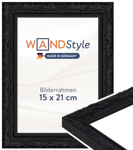 WANDStyle schwarzer Bilderrahmen 15x21 Holz, Bilderrahmen Schwarz Vintage | Hochwertiger Holzbilderrahmen Antik, Posterrahmen aufstellbar, Rahmen 21x15 cm, Fotorahmen H530 Made in Germany