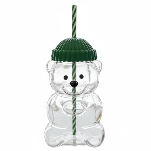 Qmibaby New Cute Glass Bear Straw Cup with Lid & Straw - 20oz Leak-Proof Borosilicate Glass Mug for Hot/Cold Drinks, Coffee Milk Tea, Christmas Holiday for Women Kids