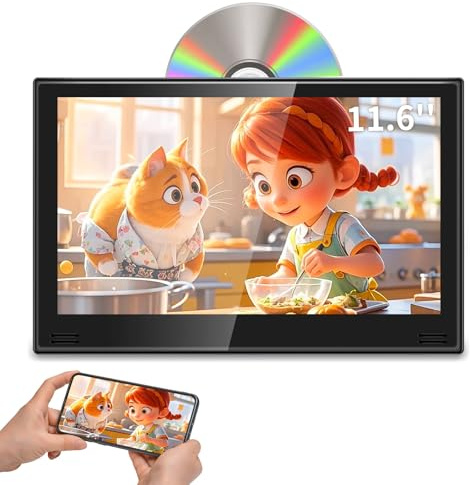 11,6 DVD Player Auto mit HDMI-Eingang, Tragbarer Auto DVD-Player mit Kopfstützenhalterung, Disc-Eingang mit Saugnapf, Unterstützt Letzter Speicher, USB/TF-Karte