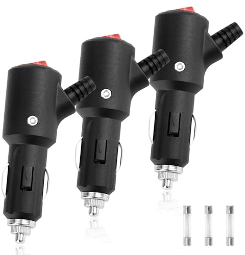 Vaskula 3 Stück Zigarettenanzünder Stecker mit Schalter Auto Stecker 12V-24V mit Schalter und 2 Stück 15A Sicherung Sicherung KFZ Adapter 12v Winkelstecker für Auto LKW PKW Motorrad Navi