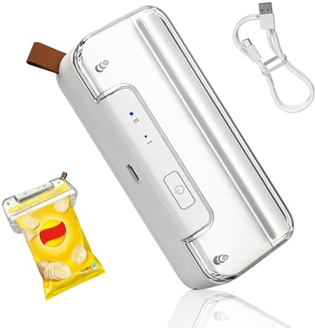 Mini Folienschweißgerät, 2 in 1 Bag Sealer mit Cutter, 2-Stufen Siegelung, Wiederaufladbar, Auto-Off Versiegelungsmaschine mit Magnetfuß für Snack Plastiktüten, Beutel, Snacks - Weiß