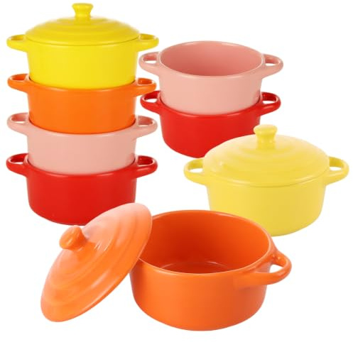 MEIDIV Set di 8 mini casseruole con coperchio, 200 ml, ciotole per soufflé, pirottini, piccoli piatti da forno con coperchio, ciotole in ceramica per soufflé, torte, casseruole