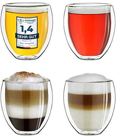 Creano doppelwandige Gläser 400ml „DG-Bauchig“, 4er Set, großes Thermoglas doppelwandig aus Borosilikatglas, Kaffeegläser, Teegläser, Latte Gläser, Doppelwandgläser