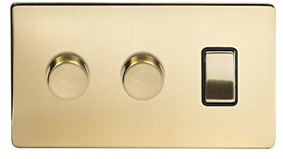 Soho Lighting Brushed Brass 3 Gang Light Switch with 2 Dimmers (2 Way Switch & 2X Trailing Dimmer) Screwless