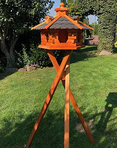 DARLUX Handgefertigtes Sechseck Vogelhaus aus Holz wetterfest M - XL mit und ohne Ständer I Futterhaus I Futterhäuschen I wetterfest I Bitumdach (Größe XL mit Ständer, Schwarz - Braun)