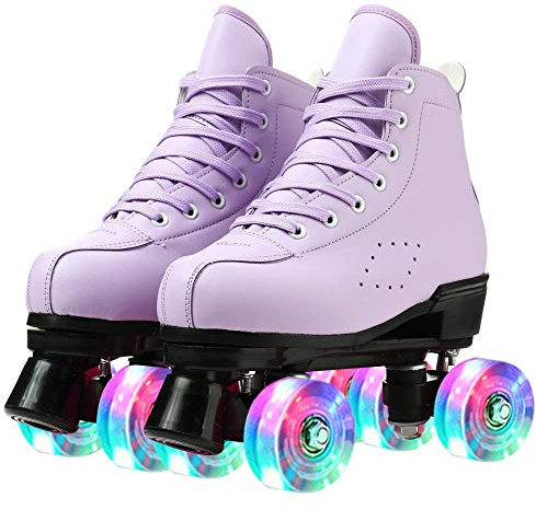 XUDREZ Rollschuhe für Damen Doppelreihige PU Leder Rollschuhe Glänzende Rollschuhe für Anfänger, Indoor und Outdoor (Purple Flash, 39)