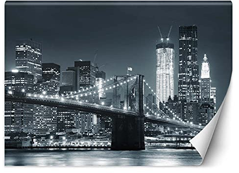 Feeby Vlies Fototapete New York City Manhattan 300x210 cm schwarz-weiß Wanddeko Inklusive Kleister Hotel Spa Büro Wohnzimmer Schlafzimmer Flur Brooklyn Bridge Bei Nacht