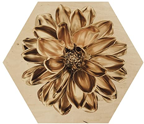 Hexagon Bild Holz - Dahlie Blume Gold Metallic, Größe HxB: 47cm x 55cm