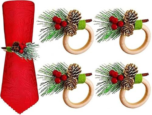 Serviettenringe aus Holz, Weihnachts-Serviettenringe, Tannenzapfen, Serviettenhalter, Schnallen für Tischdekoration, Hochzeit, Bankett, Erntedankfest, Party, 4 Stück