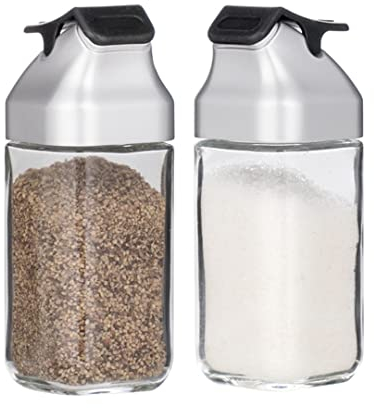 J&M DESIGN Salz- und Pfefferstreuer-Set aus Glas mit feuchtigkeitsfreiem Kunststoff-Klappdeckel für Küchenarbeitsplatte oder Reisen, Gewürze, 2 Stück nachfüllbare Flaschenspender, Behälter, Shaker