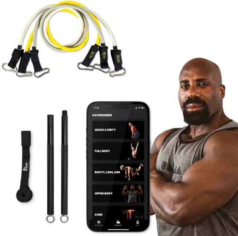 PAKAMA - Premium Widerstandsbänder Set inkl. Langhantel-Stange (Bar) für Home Workout & Krafttraining Zuhause - Resistance Bands in 14kg, 16kg und 18kg - Fitness-Bänder für bis zu 100kg Widerstand