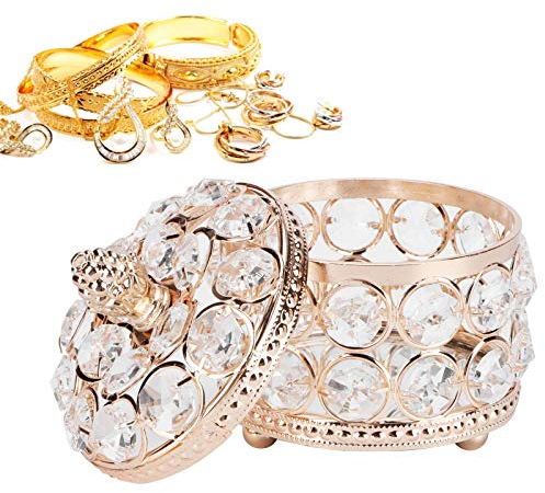 Caja de JoyeríA de Cristal, DecoracióN del Hogar, Anillos, Pendientes, Collares, Soporte de Almacenamiento, Caja de Recuerdos, Caja del Tesoro con Espejo Dorado con Tapa para DecoracióN de Dormitorio