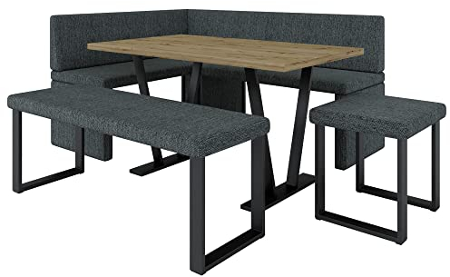 Eckbank Akiko Metal mit Tisch und Bänken - Eckbankgruppe für Ihrem Esszimmer, Küche modern, Sitzecke, Essecke. Perfekt für Küche, Büro und Rezeption. Solide Verarbeitung (INARI 96, 168x128 rechts)