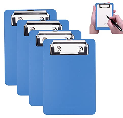 AZWOOD Mini-Klemmbrett, 10 x 15cm Kunststoff-Klemmbrett, Kleine Klemmbretter mit Stifthalter für Notizblöcke, Quittungen, Taschenlisten (Blau, 4 Stück)