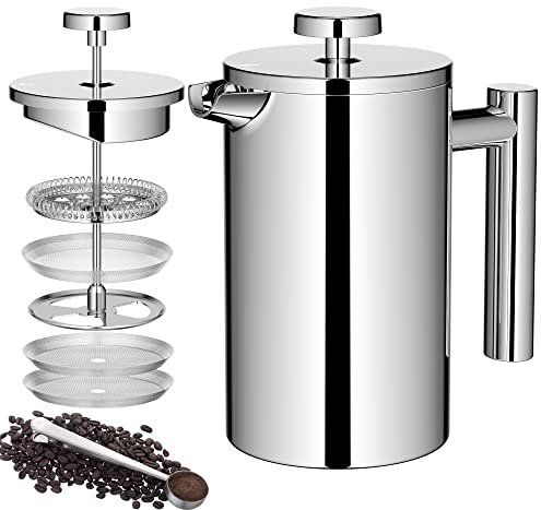 Meelio Pequeña cafetera de prensa francesa, prensa francesa con aislamiento de doble pared, prensa de café de acero inoxidable, incluye 2 litros adicionales y 1 cuchara de café (650 ml, 22 onzas)