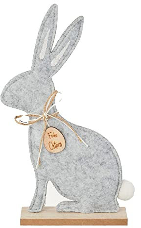 creativ home Filz HASE Osterhase sitzend auf Holzbase, Ca 26cm. Deko Osterhase, Filzhase mit Schleife (Grau)