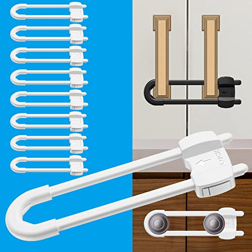 LRANFOW U-Shaped Baby Proof Cabinet Locks No Drilling Required, Adjustable Child Safety Latches for Cabinets Drawers Kitchen Doors, 10 Pack White