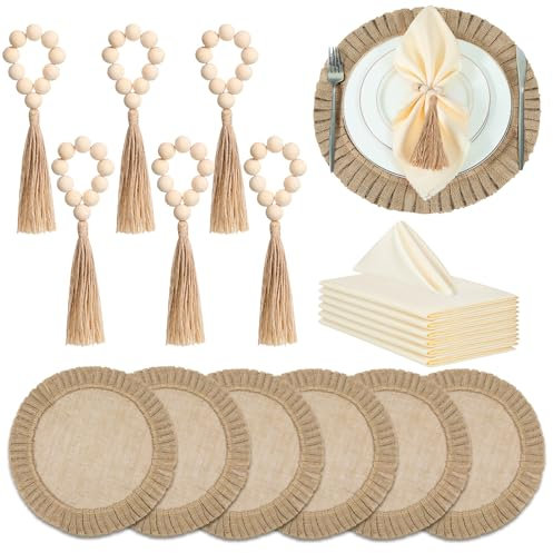 Gejoy 6 Sets Round Burlap Placemats Wood Bead Napkin Rings with Dinner Napkins Cloth, Jute Placemats Heat Resistant Placemats Boho Wooden Rings for Plates Wedding Dining Table