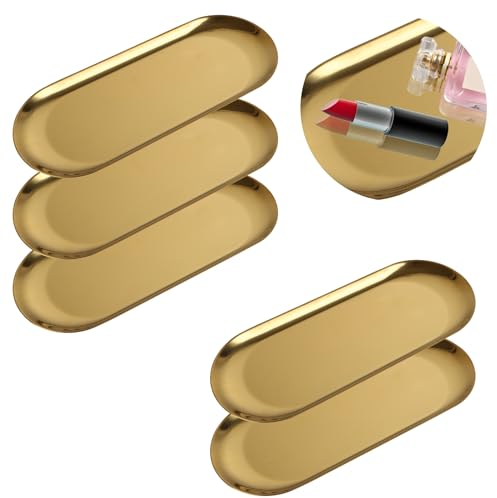 WOPPLXY 5 PCS Gold Serving Tray - Stainless Steel Oval Gold Trays Decorative - Trinket Vanity Tray Golden Plate for Storage, Serving