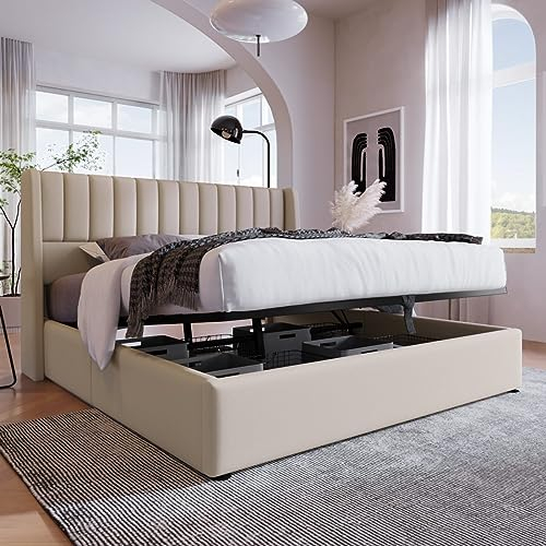 Sweiko Lit hydraulique en lin capitonné 160 x 200 cm, avec son design à rayures verticales, sommier à lattes moderne avec espace de rangement, lit fonctionnel de rangement avec cadre en métal beige