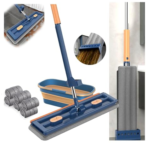 Großer Flachmopp, 360° Drehgelenk Bodenwischer Set Flachmop mit 6 Wiederverwendbaren Mikrofaserpads, Wischmopp mit Auswringfunktion, Flachmopp Set mit Eimer, für Fliesen, Hartholz, Laminat, Fliesen (