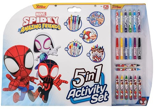 Marvel Spidey 5-in-1 Malset | Malbuch mit Filzstiften und 76 Stickern | 35 Ausmalbilder, 6 Filzstifte, 8 Wachsmalstifte, 6 Buntstifte und 76 Sticker, jedes Ausmalbild wird zur Superhelden-Mission