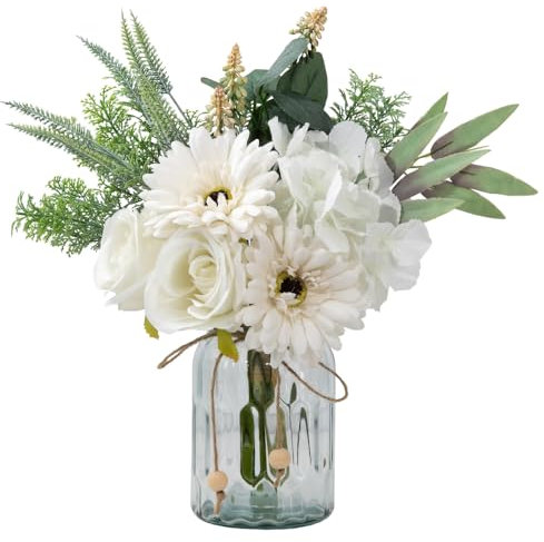 JARELING Seidenblumen mit Vase, künstliches Blumenarrangement mit Glasvase, Kunstrose, Gänseblümchen, Hortensien für Dekoration, Tischdekoration (Gänseblümchenweiß)