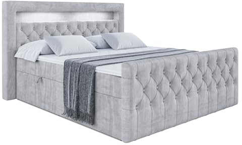 ALTDECOR Boxspringbett mit Multipocket-Matratze H4 (20 cm hoch) mit PUR + Kokosmatte, Topper (4 cm hoch), Polsterbett mit Kopfteil, Bettkasten und LED - Aurora - 200x200 Grau Monolith 84