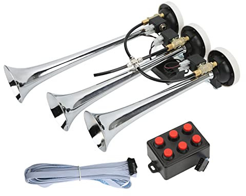 Klaxon de Train à Air Musical Super Fort 3/trois Trompettes avec 6 Airs chromé 305/342/385x79mm DC12V/24V pour Voitures de Club, Camions, Yachts