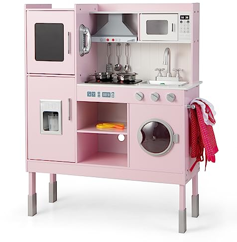 GOPLUS Cocina de Juguete con Efectos Luminosos y Sonidoss, Cocinita Infantil con Altura Ajustable, Cocinita de Madera Infantil con 16 Accesorios, Cubitos de Hielo, Teléfono, para Niños de 3+ Años