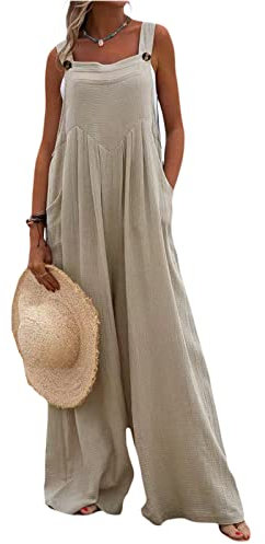 Loalirando Salopette da Tuta Casual Donna Tuta Estiva Donna Tuta Intera Jumpsuit Donna Senza Maniche Playsuit Tuta a Gamba Larga con Tasche da Spiaggia (Cachi, XXL)