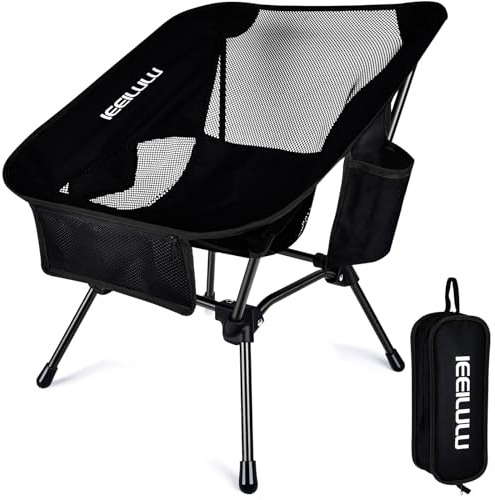 JONRRYIN Campingstuhl, Tragbare Klappstuhl Campingstuhl Faltbar Ultraleichter Camping Stuhl Strandstuhl mit DREI Seitentaschen und Mesh-Rückwand für Outdoor, Camping, Picknick, Strand (1, Schwarz)
