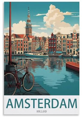 LNUYITR Amsterdam Holland Vintage-Reiseposter mit Fahrrad, 20 x 30 cm, Leinwandkunst-Poster und Wandkunst, Bilddrucke, modernes Heim-, Schlafzimmer-Dekor-Poster