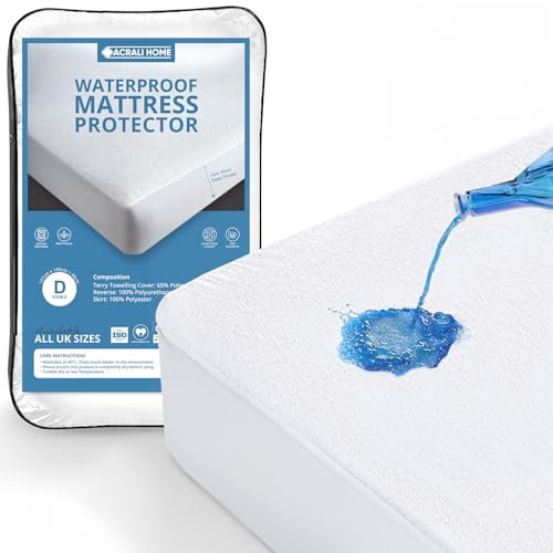 Acrali Home 100% Waterproof Mattress Protector Double Bed With Extra Deep 40 CM Skirt, Premium Terry Towel Cotton, Anti Allergy Double Mattress Protector - Washable & Nonslip Mattress Cover