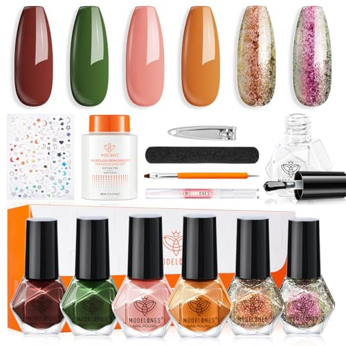 MODELONES Komplettes Nagellack Set, Nagellack Schnelltrocknend Herbst Orange Braun Glitter Grüner mit Base Coat Top Coat und Nagellackentferner und Sticker für DIY Salon Geschenk für Frauen Mädchen