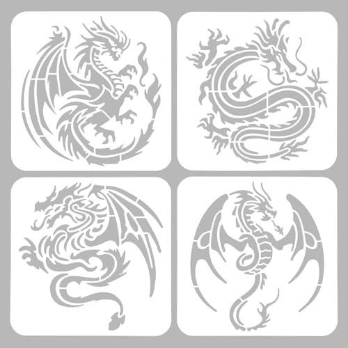 ORIGACH 4 Stück Groß Drache Schablonen Zum Malen Auf Holzwänden Wiederverwendbare Westlicher und chinesischer Drache Malschablonen Für Stoff Leinwand Fenster Möbel Heimdekoration, 20 x 20 cm