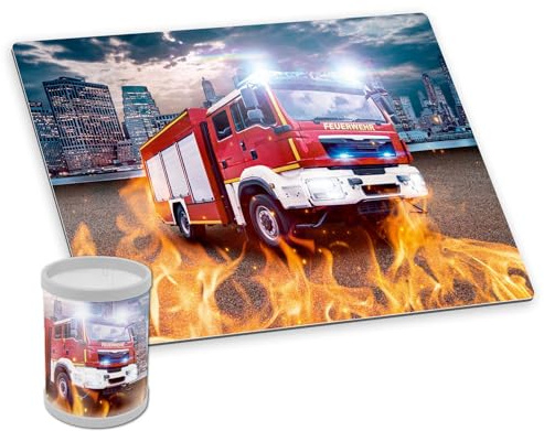 itenga Schreibtischunterlage DELUXE mit Stifteköcher abwischbar rutschfest glatt Kunststoff (Motiv Feuerwehr)