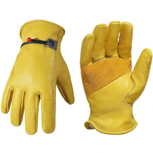 HANDLANDY Utility Safety Work Gloves for Mechanic, Construction, Gardeng Work (Yellow-Cowhide, L)