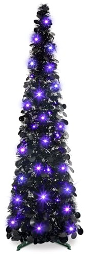 5FT Black Halloween Tree With Purple Lights - Skinny Artificial Christmas Tree, Collapsible, Pop Up Tinsel for Holiday Home, Office, Party Decor Indoor Outdoor