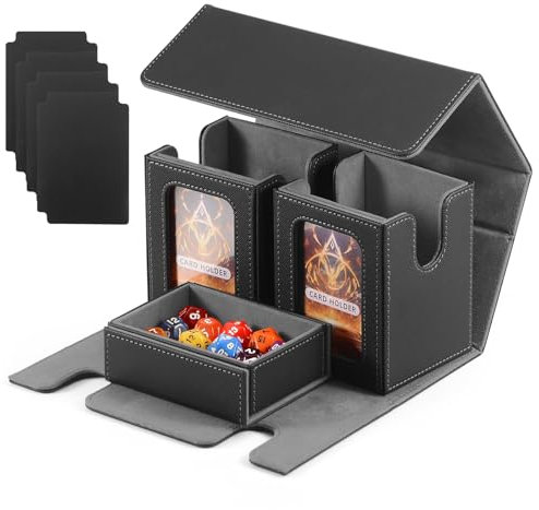 CHEPULA MTG Commander Deck Box, TCG Magnetic 3 in 1 Commander Card Deck Storage Box with Dice Tray, Game Card Storage Deck Box Case, Come with 4 Card Dividers (Black Grey)