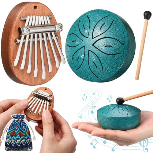 Maasechs Mini-Musikinstrumente, Mini-Kalimba und Mini-Regentrommel mit Drumstick, 8 Tasten, Finger-Daumenklavier und 6 Noten, Stahltrommel für Weihnachten, Erwachsene, Anfänger, Dunkelgrün, 2 Stück